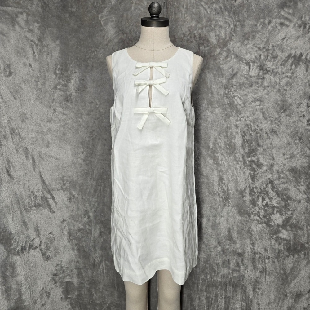 JCrew Shift Dress Women M White Linen Blend Bow Front Sleeveless Minimal Coastal